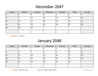 December 2047 and January 2048 Calendar Horizontal