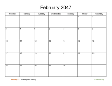 Basic Calendar for February 2047