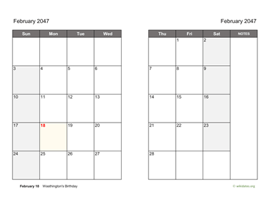 February 2047 Calendar on two pages