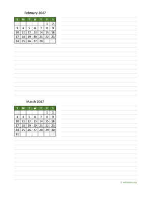 February and March 2047 Calendar with Notes