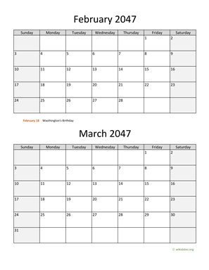 February and March 2047 Calendar Vertical