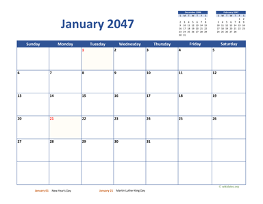 January 2047 Calendar Classic