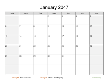 January 2047 Calendar with Weekend Shaded