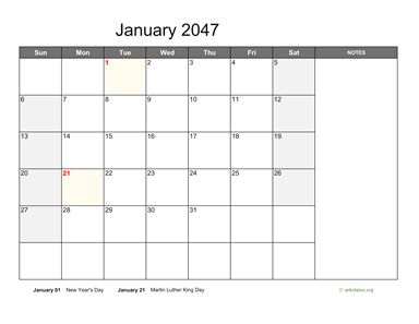 January 2047 Calendar with Notes