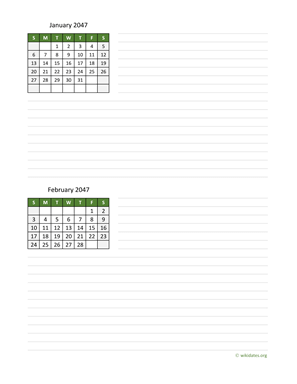 January and February 2047 Calendar with Notes