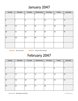 January and February 2047 Calendar Vertical