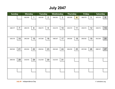July 2047 Calendar with Day Numbers