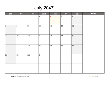 July 2047 Calendar with Notes