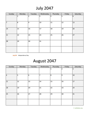 July and August 2047 Calendar Vertical