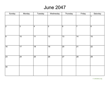 Basic Calendar for June 2047