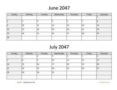 June and July 2047 Calendar Horizontal