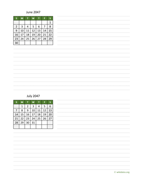 June and July 2047 Calendar with Notes