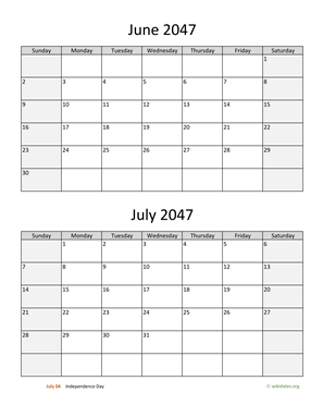 June and July 2047 Calendar Vertical