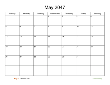 Basic Calendar for May 2047