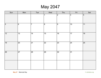 May 2047 Calendar with Weekend Shaded