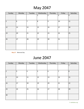 May and June 2047 Calendar Vertical