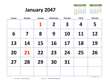 Monthly 2047 Calendar with Extra-large Dates