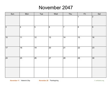 November 2047 Calendar with Weekend Shaded