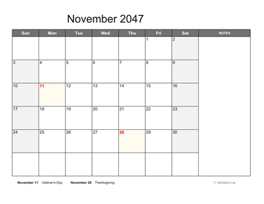 November 2047 Calendar with Notes