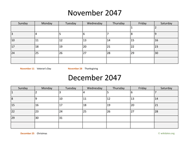 November and December 2047 Calendar Horizontal