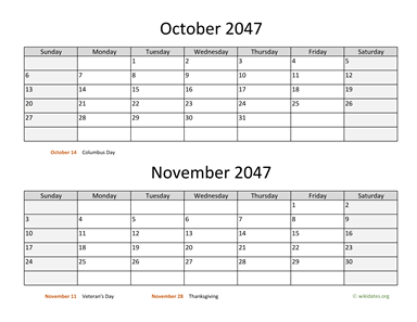 October and November 2047 Calendar Horizontal