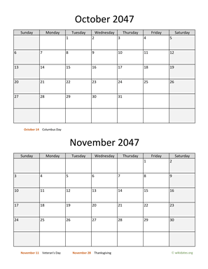 October and November 2047 Calendar Vertical