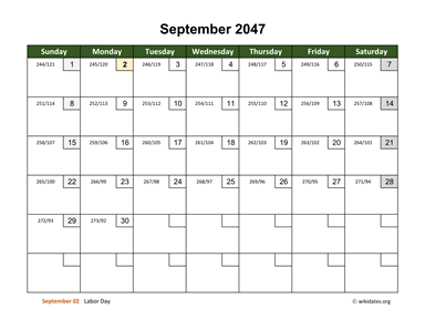 September 2047 Calendar with Day Numbers