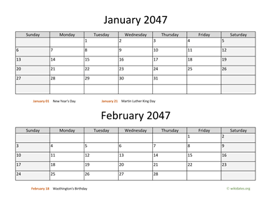 Two Months 2047 Calendar Horizontal