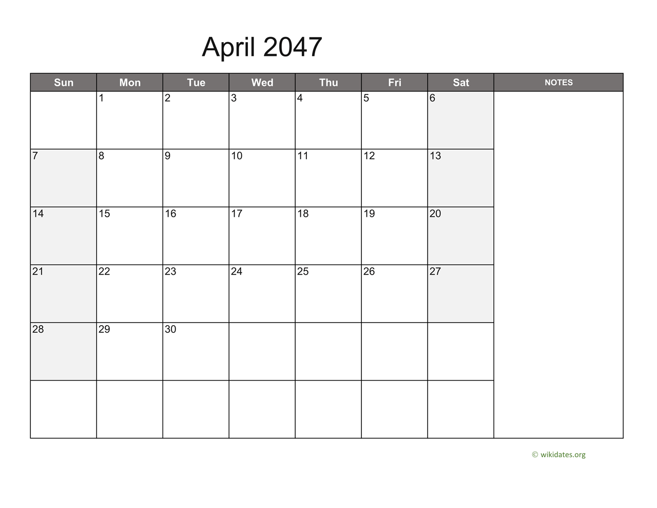 April 2047 Calendar With Notes