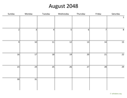August 2048 Calendar with Bigger boxes
