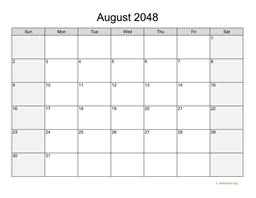 August 2048 Calendar with Weekend Shaded
