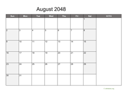 August 2048 Calendar with Notes