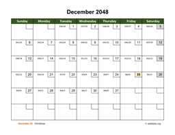 December 2048 Calendar with Day Numbers