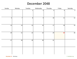 December 2048 Calendar with Bigger boxes