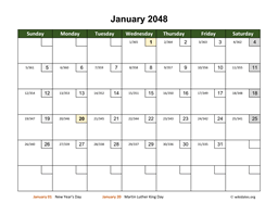 January 2048 Calendar with Day Numbers