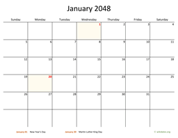 January 2048 Calendar with Bigger boxes
