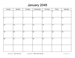Basic Calendar for January 2048