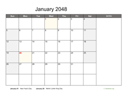 January 2048 Calendar with Notes