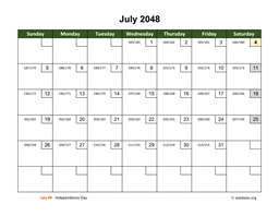 July 2048 Calendar with Day Numbers