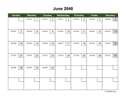 June 2048 Calendar with Day Numbers