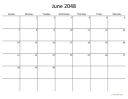 June 2048 Calendar with Bigger boxes