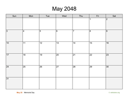 May 2048 Calendar with Weekend Shaded