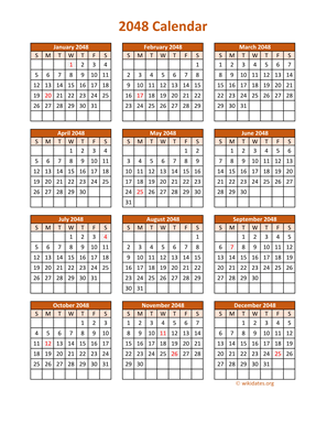 Full Year 2048 Calendar on one page