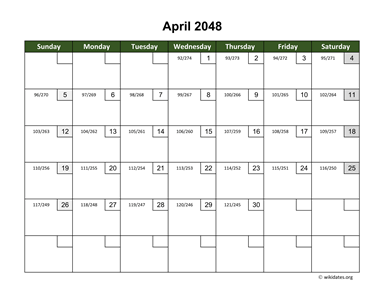 April 2048 Calendar with Day Numbers