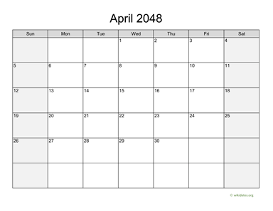 April 2048 Calendar with Weekend Shaded