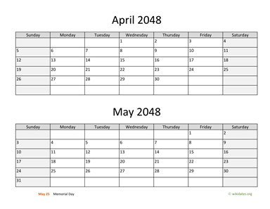 April and May 2048 Calendar Horizontal