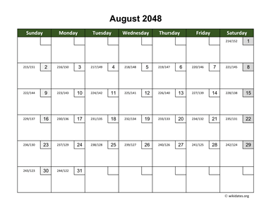 August 2048 Calendar with Day Numbers