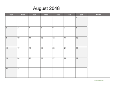 August 2048 Calendar with Notes