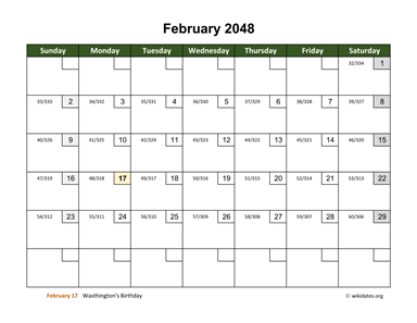 February 2048 Calendar with Day Numbers