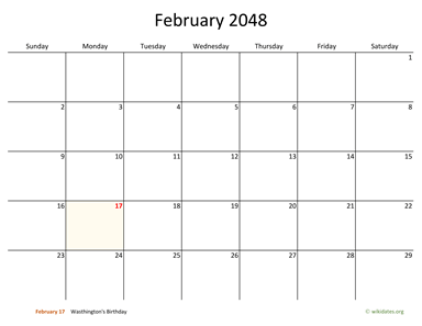 February 2048 Calendar with Bigger boxes